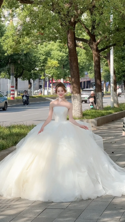 Pretty Ball Gown Strapless Tulle Applique Long Wedding Dresses C4045