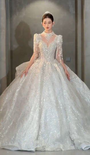 Timeless Ball Gown Tulle Sequin Beaded Long Wedding Dresses C4051