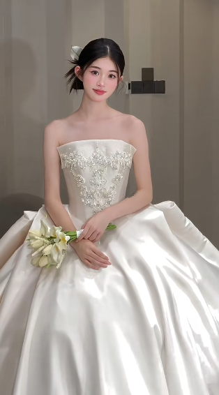 Pretty Ball Gown Strapless Satin Beaded Long Wedding Dresses C4060