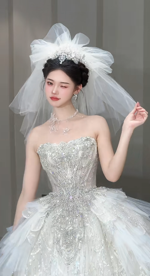Timeless Ball Gown Strapless Tulle Sequin With Veil Long Wedding Dresses C4063