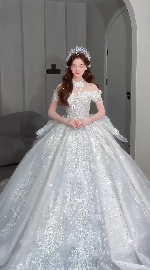 Timeless Ball Gown Off The Shoulder Tulle Sequin Beaded Long Wedding Dresses C4072