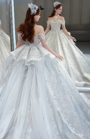 Timeless Ball Gown Off The Shoulder Tulle Sequin Beaded Long Wedding Dresses C4072