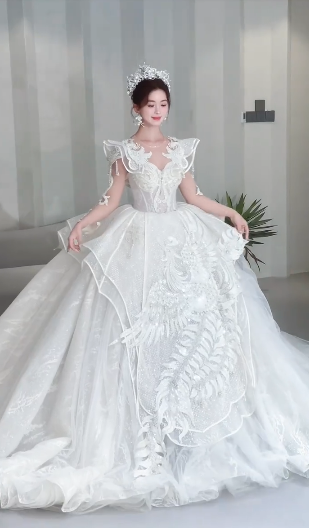 Unique Ball Gown Tulle Sequin Beaded Long Sleeves Long Wedding Dresses C4075