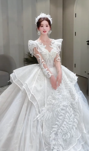 Unique Ball Gown Tulle Sequin Beaded Long Sleeves Long Wedding Dresses C4075