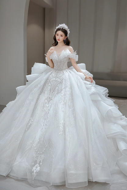 Timeless Ball Gown Off The Shoulder Tulle Sequin Long Wedding Dresses C4082