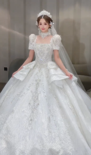 Timeles Ball Gown Square Tulle Sequin Short Sleeves Long Wedding Dresses C4085