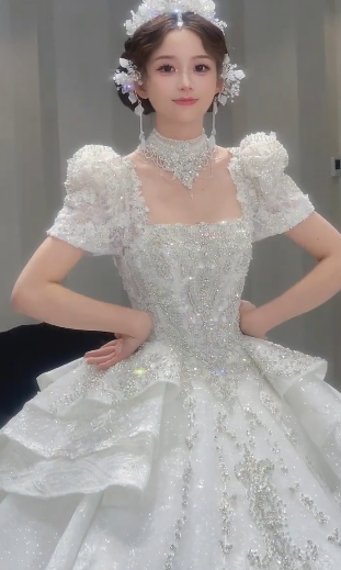 Timeles Ball Gown Square Tulle Sequin Short Sleeves Long Wedding Dresses C4085