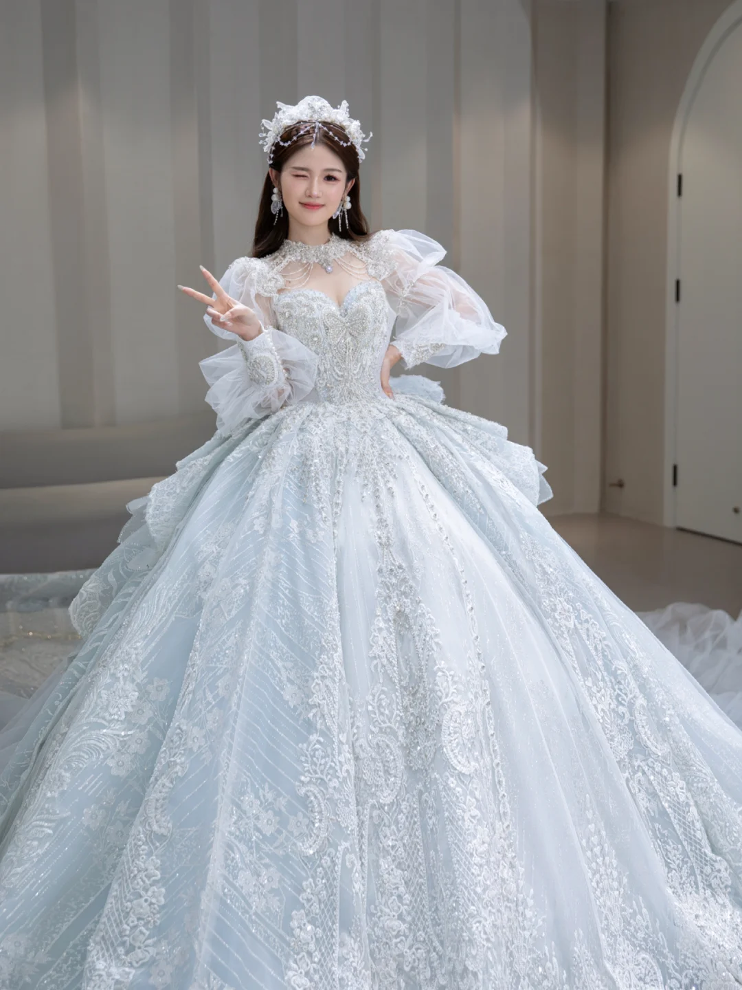 Timeless Ball Gown Tulle Sequin Beaded Long Sleeves Long Wedding Dresses C4094