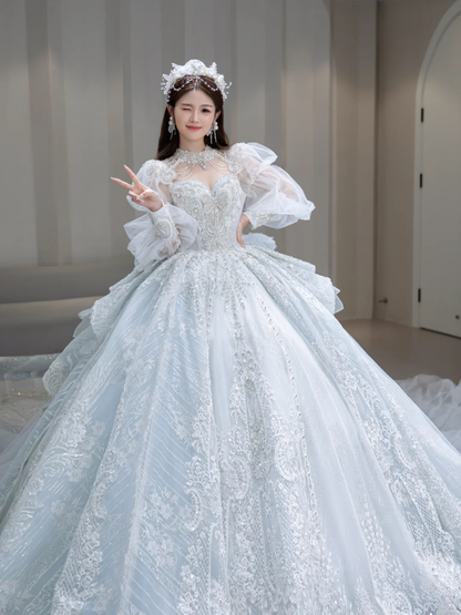 Timeless Ball Gown Tulle Sequin Beaded Long Sleeves Long Wedding Dresses C4094