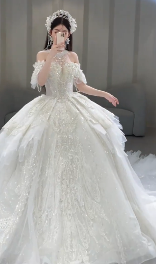 Timeless Ball Gown Off The Shoulder Tulle Sequin Long Wedding Dresses C4099