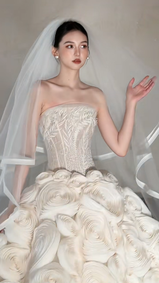 Unique Ball Gown Starpless Tulle With Veil Long Wedding Dresses C4115