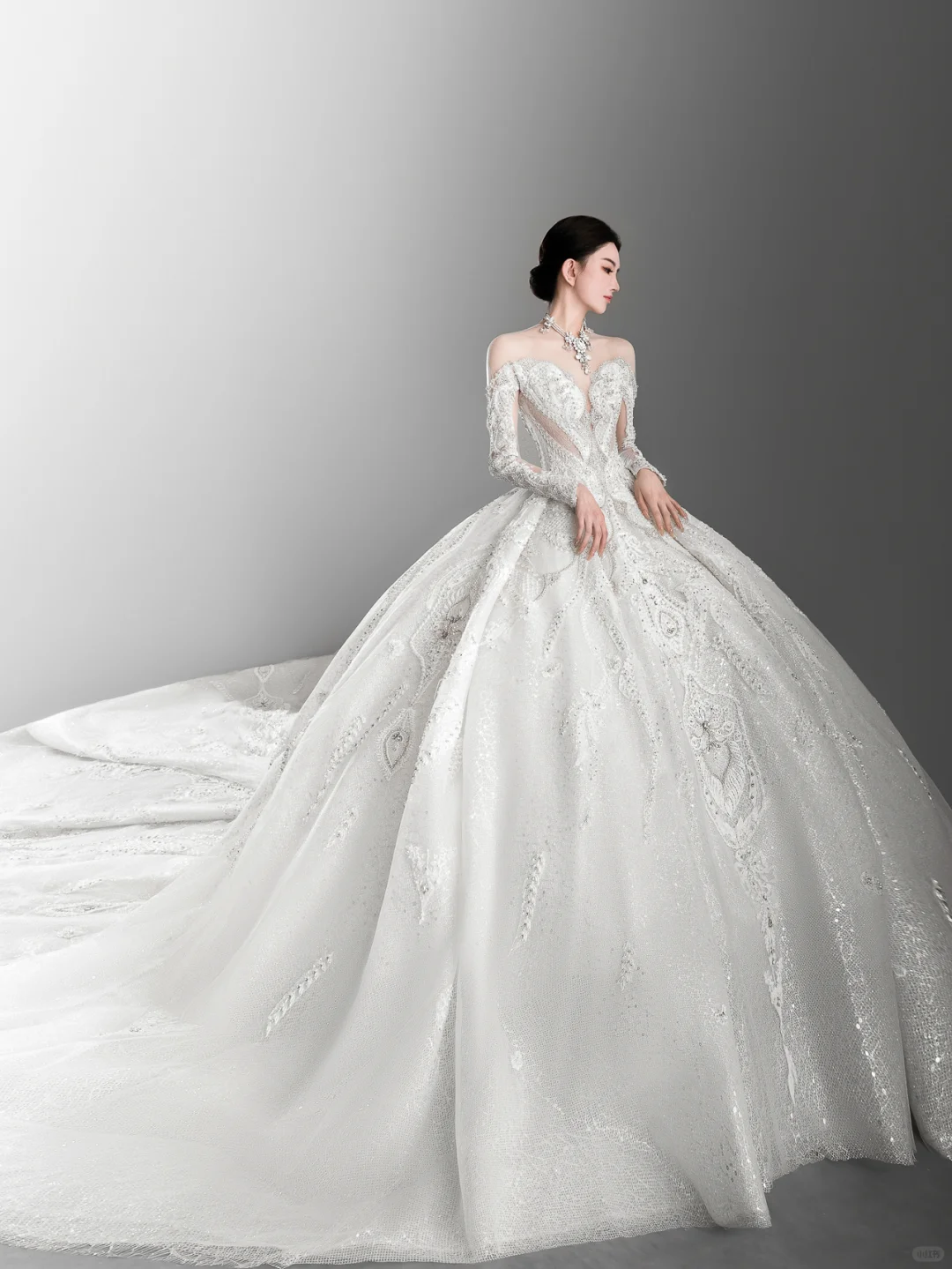 Timeless Ball Gown Off The Shoulder Tulle Lace Beaded Long Sleeves Long Wedding Dresses C4135