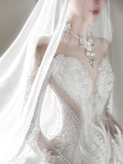 Timeless Ball Gown Off The Shoulder Tulle Lace Beaded Long Sleeves Long Wedding Dresses C4135