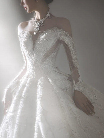 Timeless Ball Gown Off The Shoulder Tulle Lace Beaded Long Sleeves Long Wedding Dresses C4135