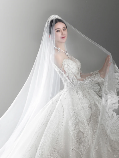 Timeless Ball Gown Off The Shoulder Tulle Lace Beaded Long Sleeves Long Wedding Dresses C4135