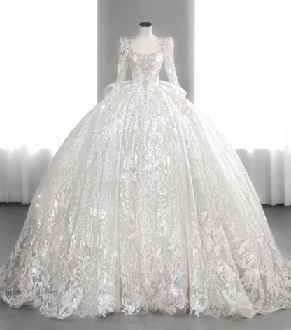 Timeless Ball Gown Tulle Lace Sequin Long Sleeves Long Wedding Dresses C4137