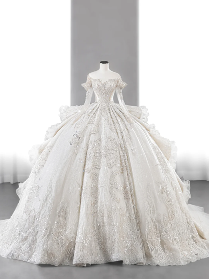 Timeless Ball Gown Off The Shoulder Tulle Lace Sequin Beaed Long Sleeves Long Wedding Dresses C4142