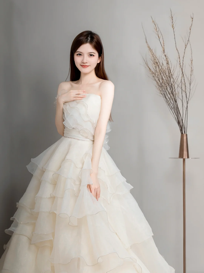 Pretty Ball Gown Strapless Chiffon Long Wedding Dresses C4144