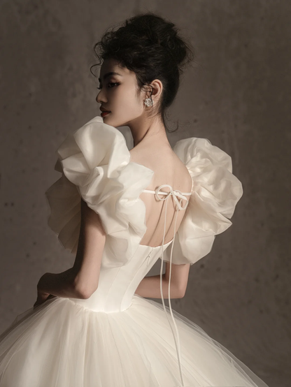 Unique Ball Gown Sweetheart Satin Tulle Long Wedding Dresses C4165