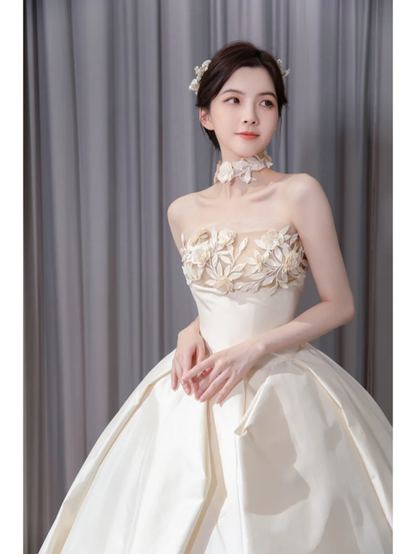 Unique Ball Gown Starpless Satin Applique Long Wedding Dresses C4192