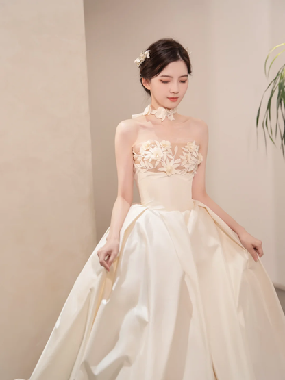 Unique Ball Gown Starpless Satin Applique Long Wedding Dresses C4192
