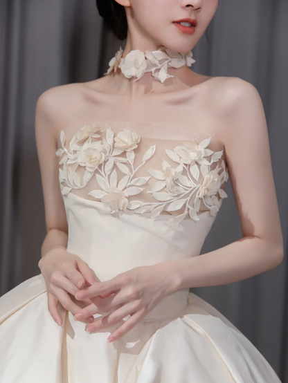 Unique Ball Gown Starpless Satin Applique Long Wedding Dresses C4192