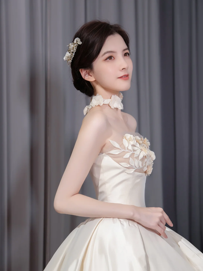 Unique Ball Gown Starpless Satin Applique Long Wedding Dresses C4192