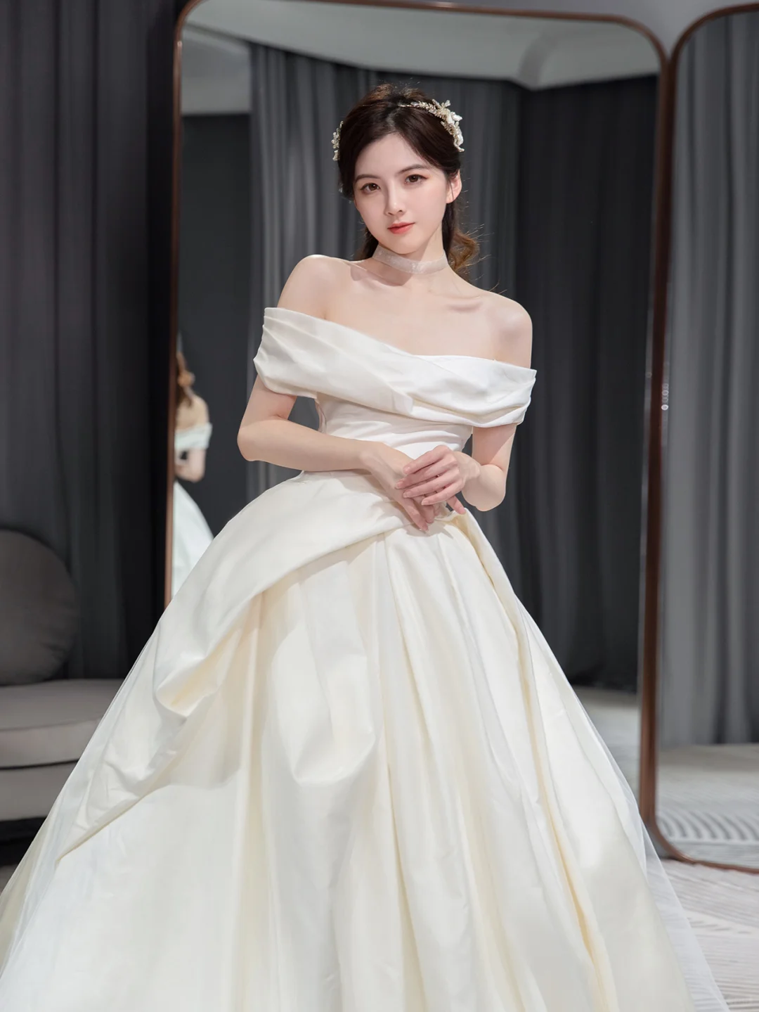 Simple Classy Ball Gown Off The Shoulder Satin Long Wedding Dresses C4194