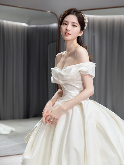 Simple Classy Ball Gown Off The Shoulder Satin Long Wedding Dresses C4194