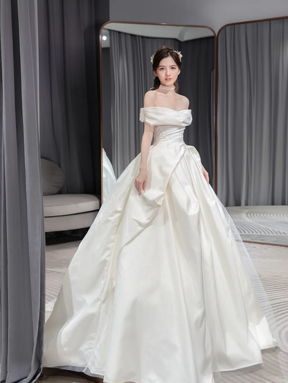Simple Classy Ball Gown Off The Shoulder Satin Long Wedding Dresses C4194