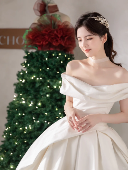 Simple Classy Ball Gown Off The Shoulder Satin Long Wedding Dresses C4194