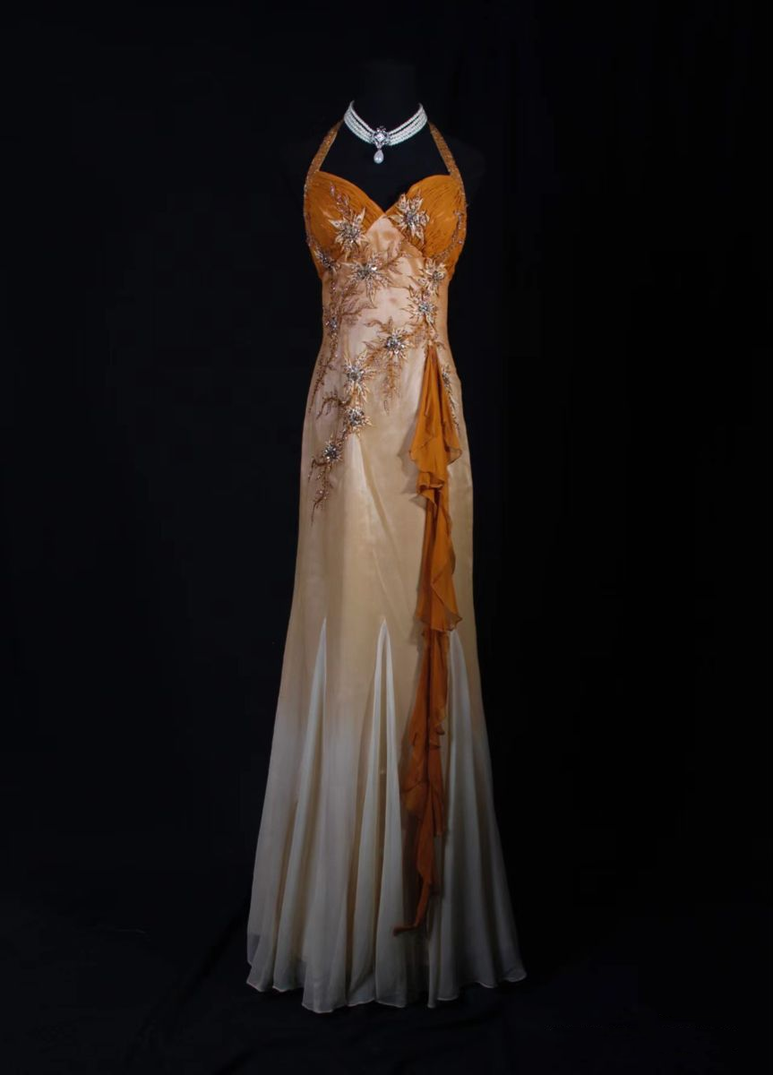 Retro Halter Ombre Orange Satin Beaded Mermaid Evening Dress Long Birthday Party Gown