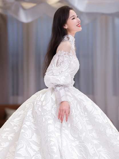 Unique Ball Gown Tulle Lace Applique Long Sleeves Long Wedding Dresses C4208