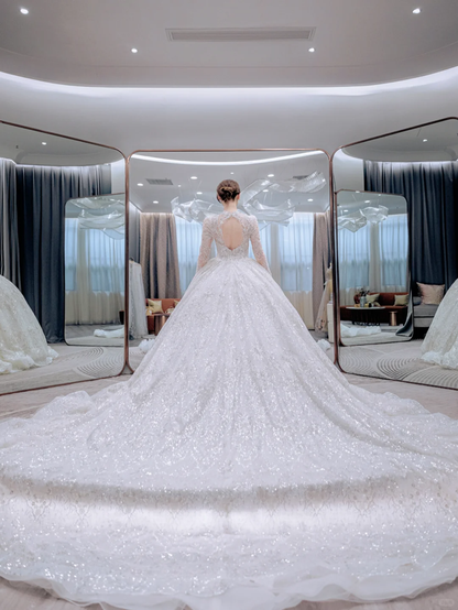 Timeless Ball Gown Tulle Lace Sequin Long Sleeves Long Wedding Dresses C4223