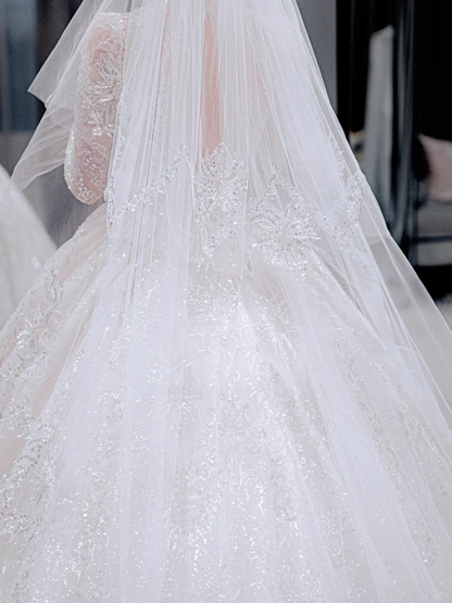 Timeless Ball Gown Tulle Lace Sequin Long Sleeves Long Wedding Dresses C4223