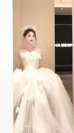 Pretty Ball Gown Strapless Satin Tulle Applique With Veil Long Wedding Dresses C4232