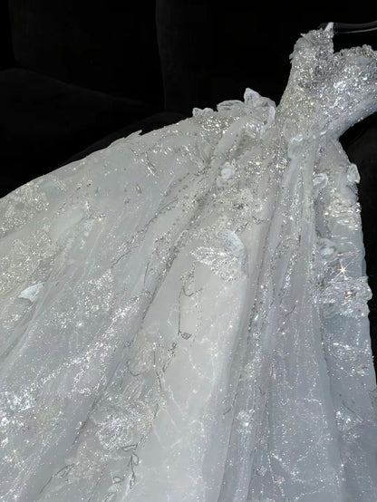 Timeless Ball Gown Spaghetti Straps Tulle Sequin Beads Long Wedding Dresses C4360