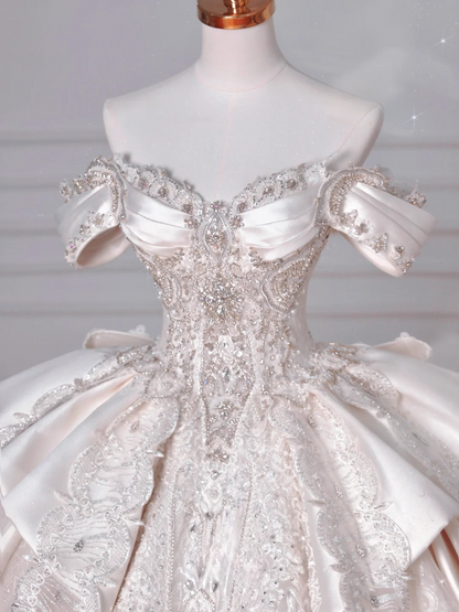 Timeless Ball Gown Off The Shoulder Satin Tulle Lace Sequin Beads Long Wedding Dresses C4388