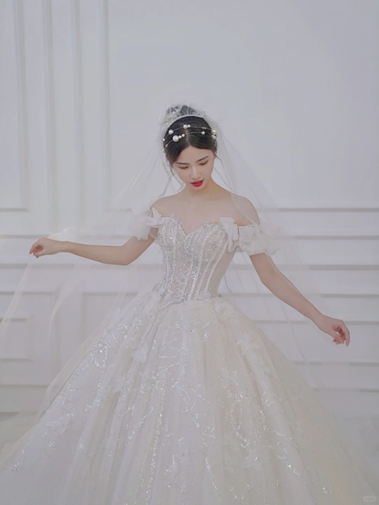 Pretty Ball Gown Off The Shoulder Tulle Sequin With Veil Long Wedding Dresses C4401
