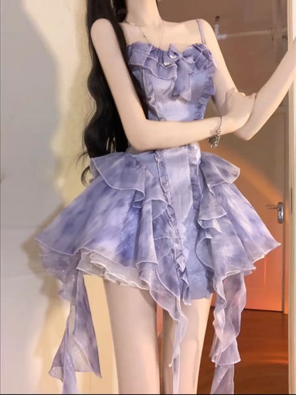 Lilac Ball Gown Spaghetti Straps Chiffon Ruffles Short Homecoming Dress 17th Birthday Outfits C4453