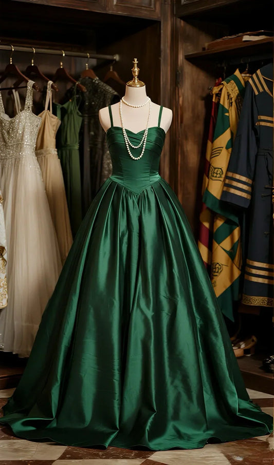 Ball Gown Dark Green Spaghetti Straps Satin Long Prom Dress Evening Dress