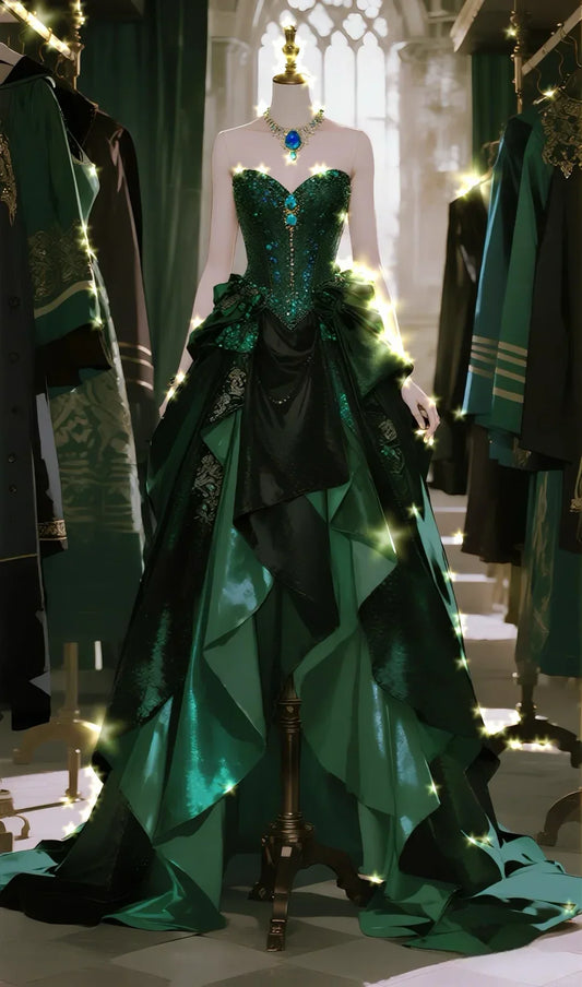 Ball Gown Dark Green Sweetheart Satin Sequin Long Prom Dress Evening Dress