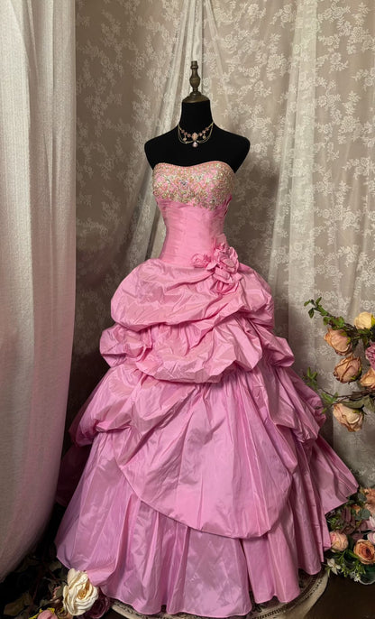 Vintage Ball Gown Strapless Tiered Satin Beaded Without Sleeves Long Prom Dress, Evening Dress C6460