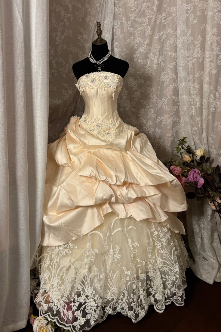 Princess Ball Gown Strapless Satin Lace Without Sleeves Long Prom Dress, Evening Dress C6470