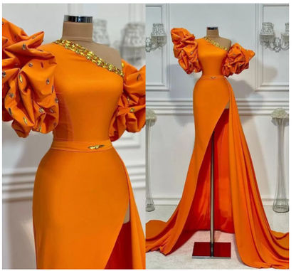 unique evening dresses long orange beaded mermaid elegant simple formal evening gown C1962