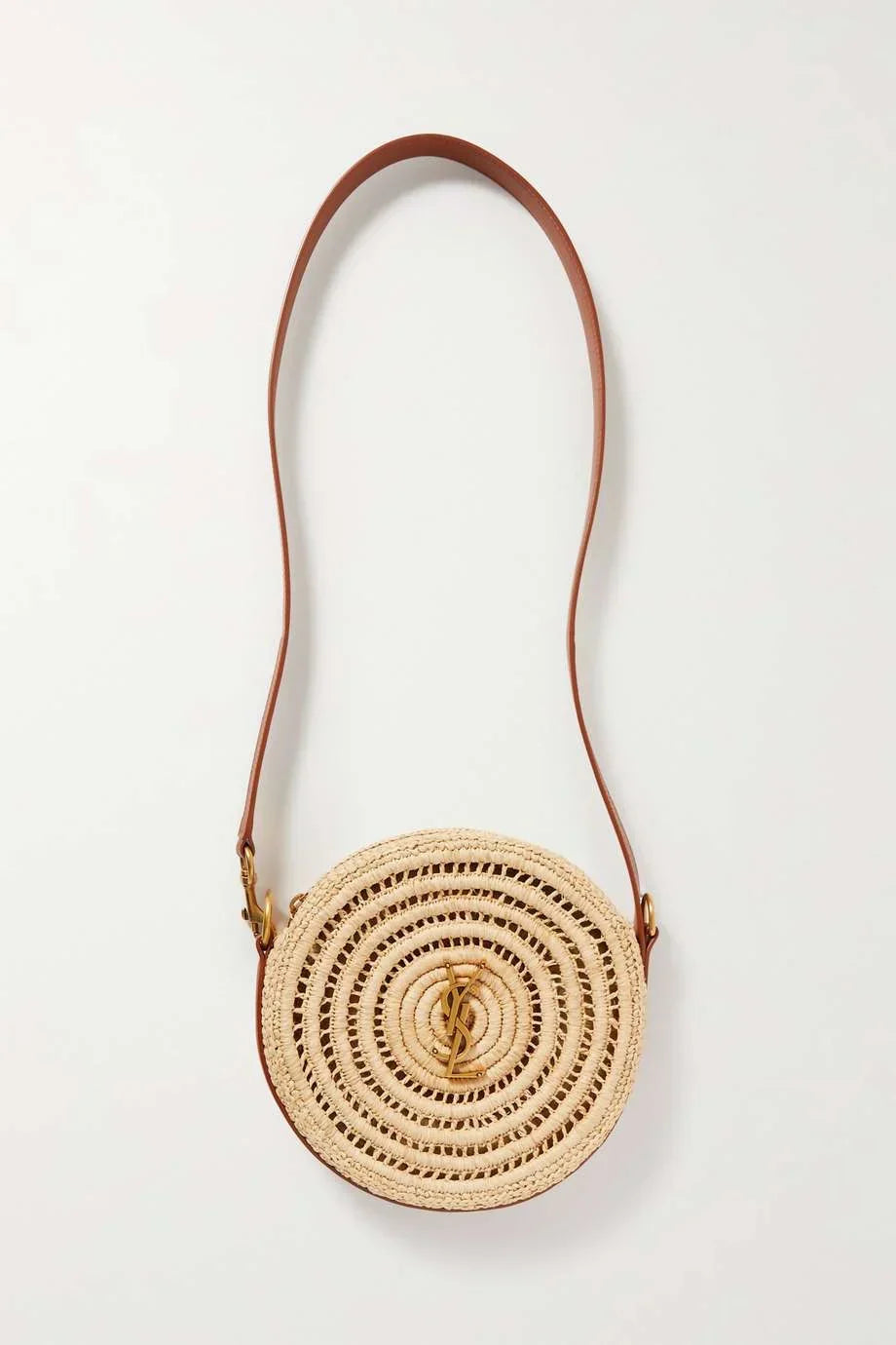 SAINT LAURENT Cassandre Round leather-trimmed raffia shoulder bag