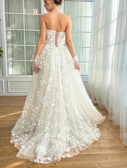 Elegant Ivory Strapless Sweetheart 3D Floral Sparkly Mermaid Detachable Tulle Beaded Long Train Wedding Dress TP5907