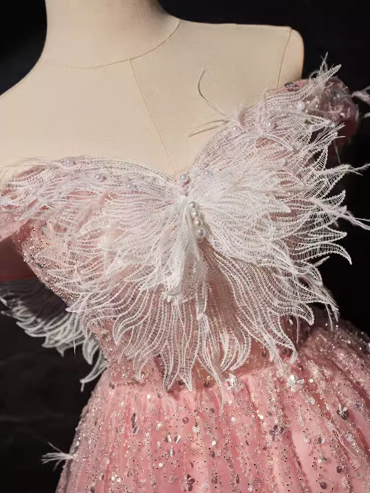 Modest Ball Gown Off The Shoulder Pink Tulle Birthday Outfits Homecoming Dress C943