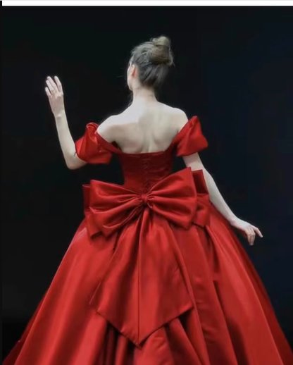 Simple Ball Gown Red Satin Long Prom Dresses C99