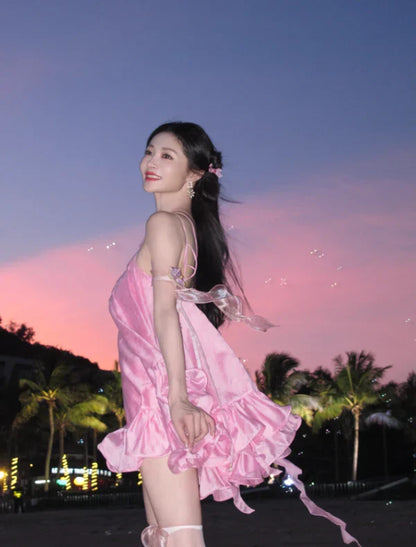 Cute Pink Ruffle Short A-Line Satin Party Dress Cocktail Dress Homecoming Dress TP4429